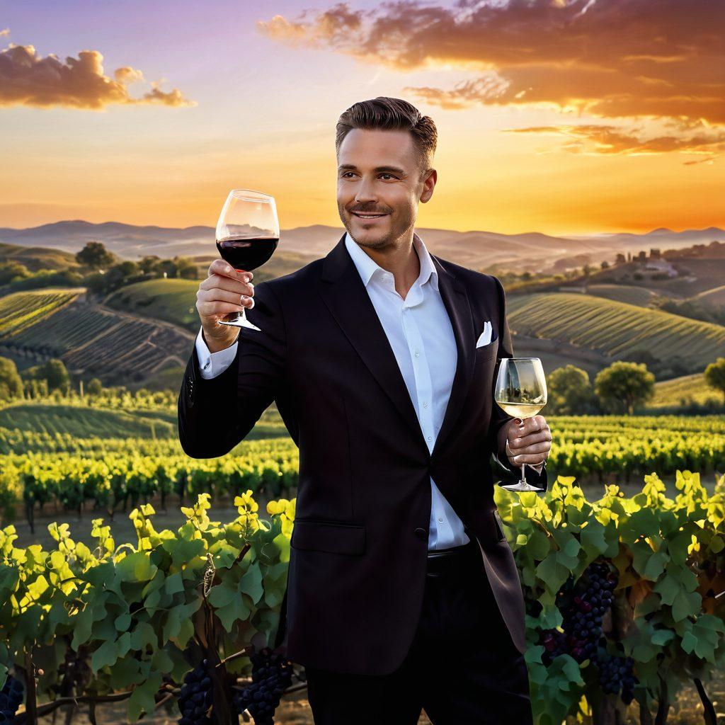 A sophisticated sommelier standing in a lush vineyard, holding a wine glass up to the light, showcasing a variety of wine bottles and tasting notes scattered around. The background features rolling hills and a stunning sunset casting a golden hue over the scene. Add artistic elements like swirling wine in the glass and grapes on the vine to evoke the essence of fine wine tasting. vibrant colors. painting.