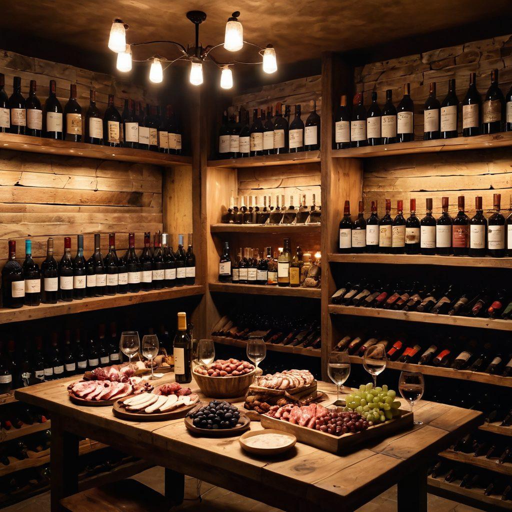 A serene wine cellar with rows of wooden shelves stocked with various vintage wine bottles, soft ambient lighting illuminating the labels. In the foreground, a rustic table set for a wine festival, adorned with glasses and a charcuterie board, surrounded by festive decorations and people enjoying the atmosphere. Vibrant colors. super-realistic. cozy ambiance.