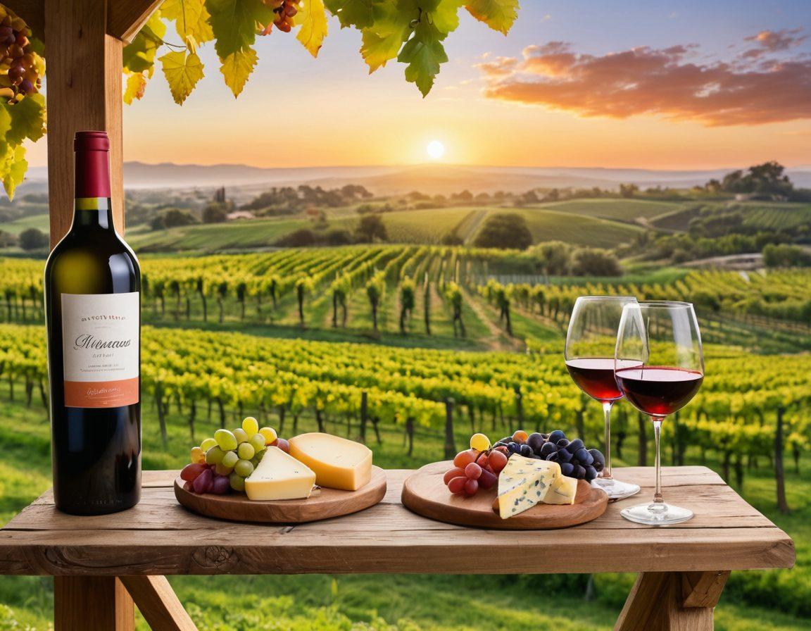A picturesque vineyard landscape during sunset, with rows of lush grapevines showcasing various grape varieties. In the foreground, there's a elegantly styled wine tasting set-up featuring a selection of glasses filled with rich red and white wines, accompanied by a cheese platter. A rustic wooden signpost highlights 'Grape Varieties' in elegant font, adding a touch of allure. The sky is painted in warm hues, enhancing the tranquil ambiance. vibrant colors. super-realistic.